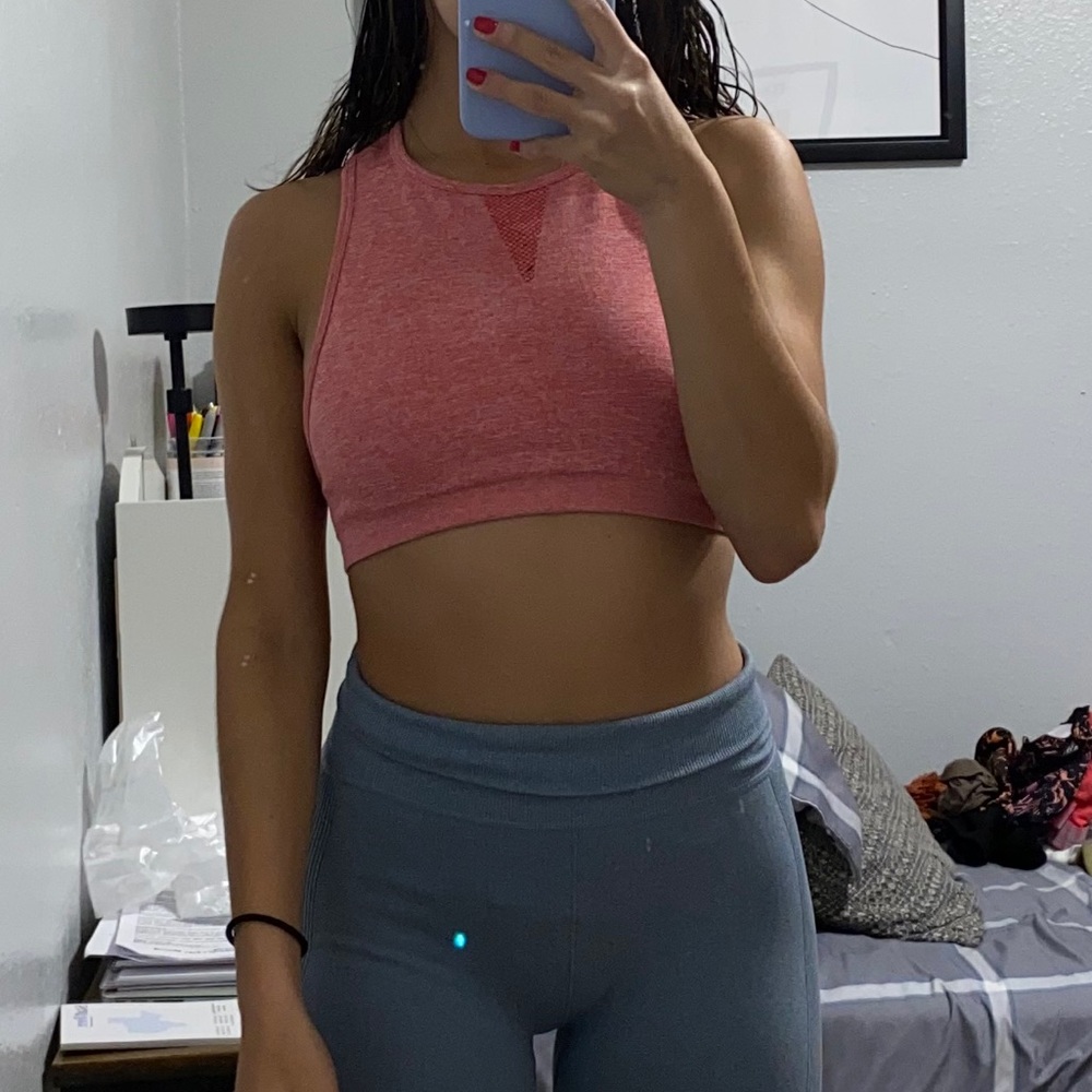 Pink high neck sports bra